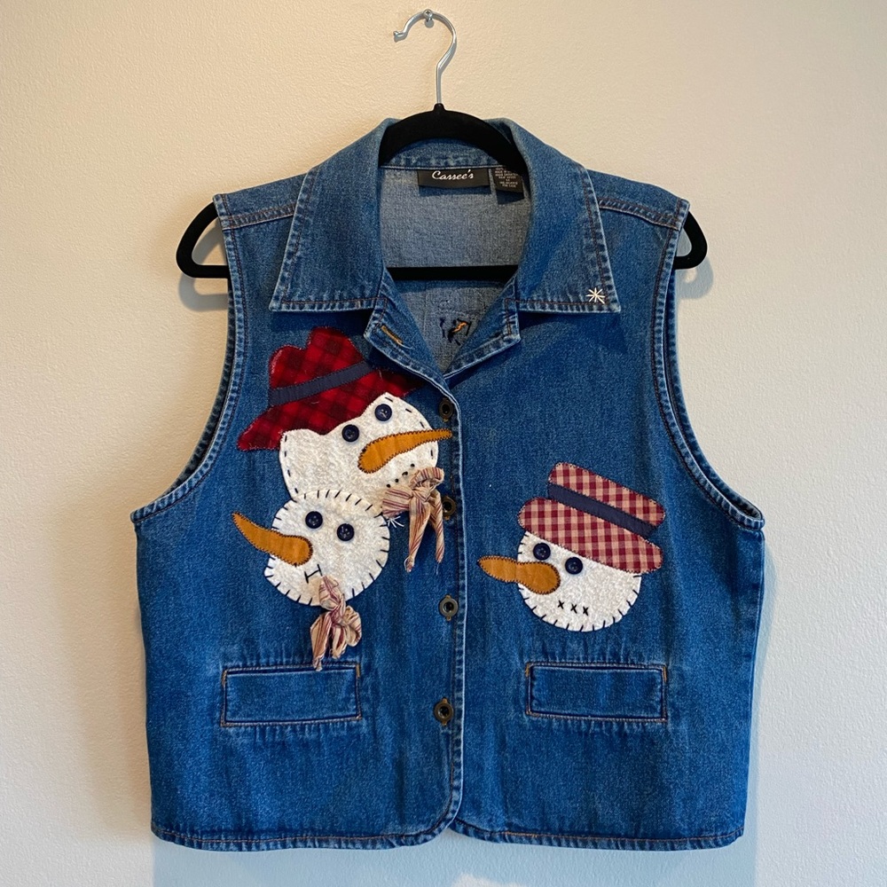 Vintage Snowman Denim Vest Cottage Core Christmas Outfit